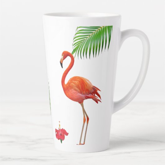 フラミンゴ、ハイビスカス、ヤシの葉 カフェラテマグ (右)