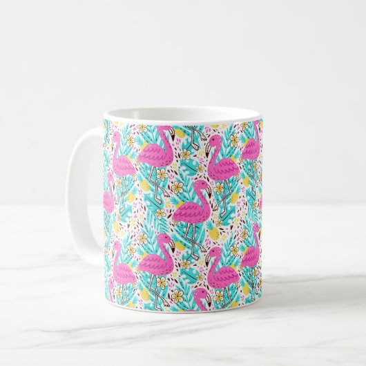 フラミンゴ、ハート、氷Cの明るい夏の模様 コーヒーマグカップ (正面左)