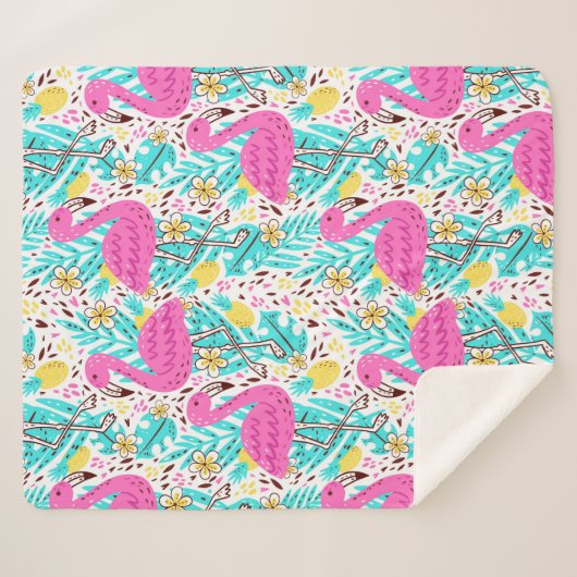 フラミンゴ、ハート、氷Cの明るい夏の模様 シェルパブランケット (正面(横))