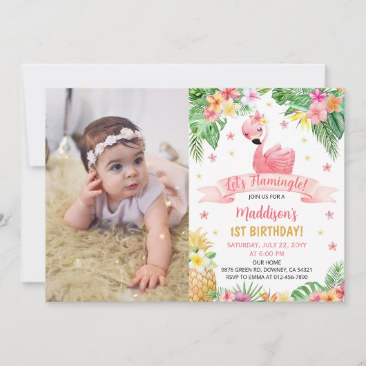 フラミンゴ・パイナップル誕生日パーティー写真 招待状 (正面)