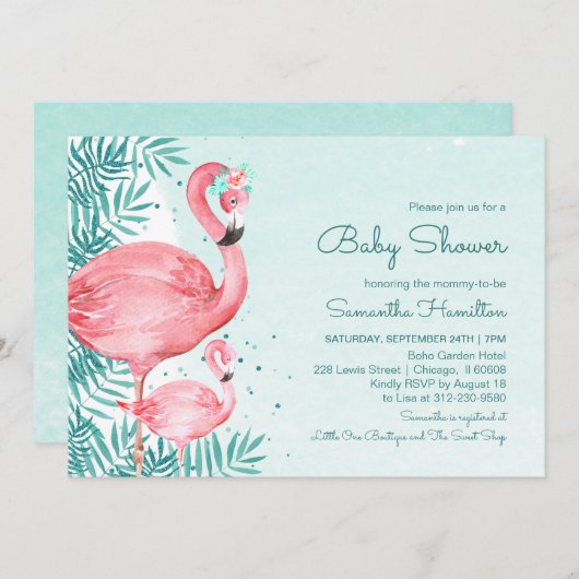 フラミンゴ&パーム葉ティール（緑がかった色）水彩赤ちゃんシャワー 招待状 (正面/裏面)