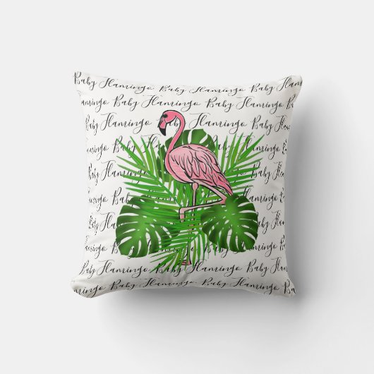 フラミンゴ、ピンクのフラミンゴ、熱帯ジャングル葉の クッション (正面)