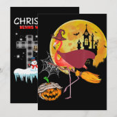 フラミンゴ | フラミンゴに乗ったほうきとカボチャのハロウィン シーズンカード (正面/裏面)