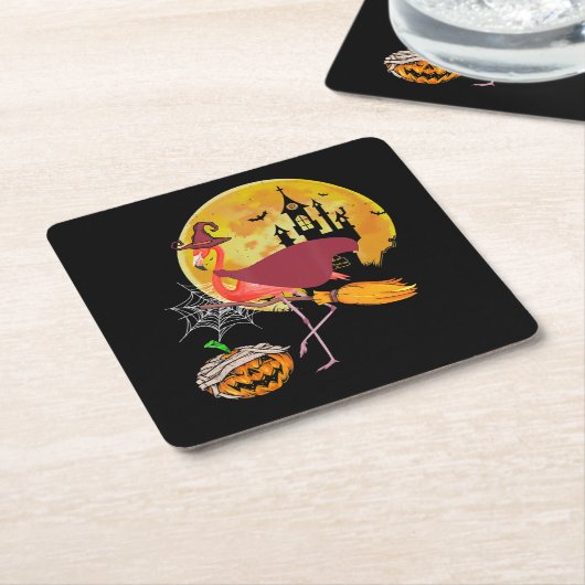 フラミンゴ |フラミンゴ乗用のほうきカボチャハロウィーン スクエアペーパーコースター (アングル)