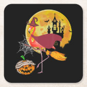 フラミンゴ |フラミンゴ乗用のほうきカボチャハロウィーン スクエアペーパーコースター (正面)