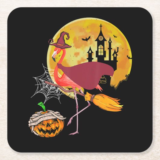 フラミンゴ |フラミンゴ乗用のほうきカボチャハロウィーン スクエアペーパーコースター (正面)