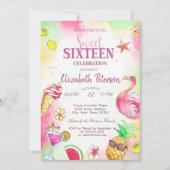 フラミンゴ フルーツ サマー プール スウィート16パーティー 招待状 (正面)