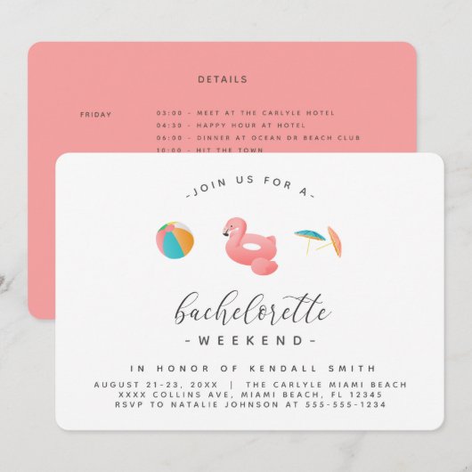 フラミンゴ フロート プールパーティー ブライズウィークエンド 招待状 (正面/裏面)