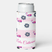 フラミンゴ&ブルーフラワーパターン白ピンクストライプ色 スリム缶クーラー (Seltzer正面)