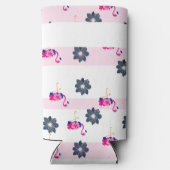 フラミンゴ&ブルーフラワーパターン白ピンクストライプ色 スリム缶クーラー (裏面)