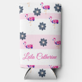 フラミンゴ&ブルーフラワーパターン白ピンクストライプ色 スリム缶クーラー (正面)