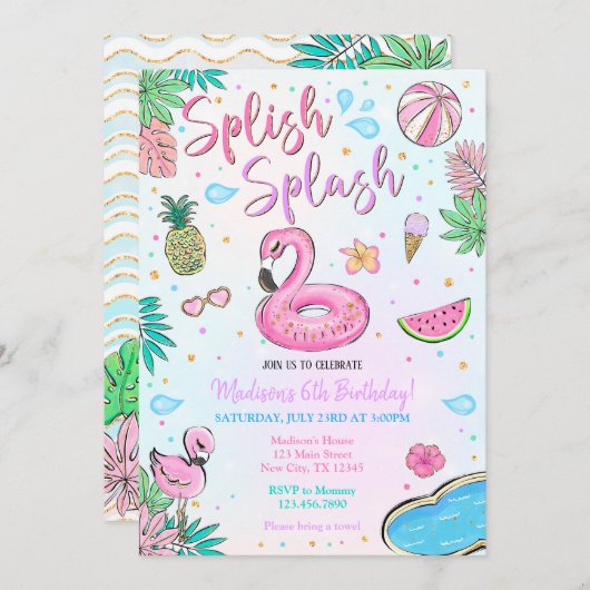 フラミンゴ プールパーティー 招待状 (正面/裏面)
