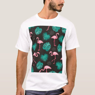 フラミンゴ、ヤシ離れの:熱帯水色。 Tシャツ