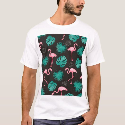 フラミンゴ、ヤシ離れの：熱帯水色。 Tシャツ (正面)