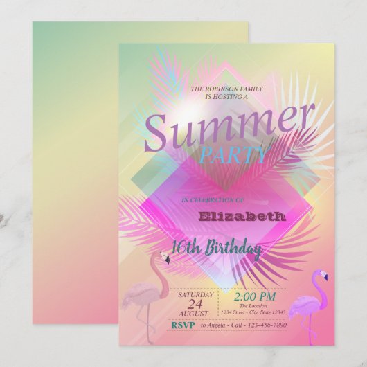 フラミンゴ 夏 プール グラデーション 誕生日パーティー 招待状 (正面/裏面)