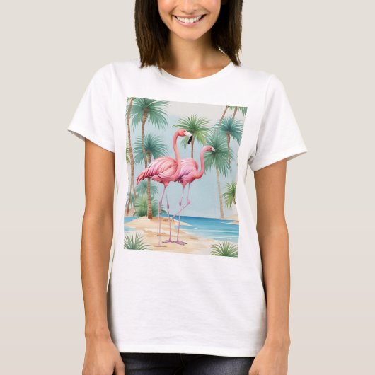 フラミンゴ 熱帯島 Tシャツ ビーチ ヤシの木 (正面)
