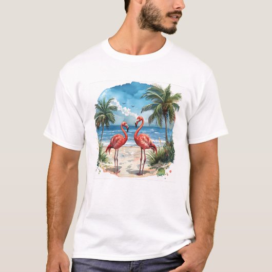 フラミンゴ 熱帯島 Tシャツ ビーチ ヤシの木 (正面)