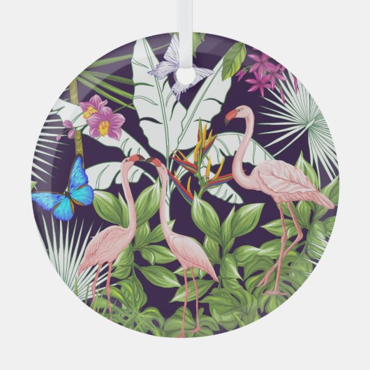 フラミンゴ、熱帯植物:ヴィンテージパターン。 ガラスオーナメント (正面)