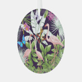フラミンゴ、熱帯植物:ヴィンテージパターン。 ガラスオーナメント (正面左)