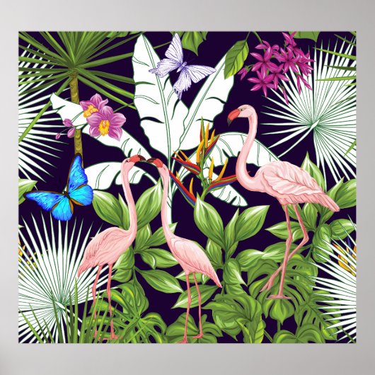 フラミンゴ、熱帯植物:ヴィンテージパターン。 ポスター (正面)
