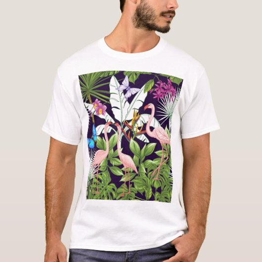 フラミンゴ、熱帯植物:ヴィンテージパターン。 Tシャツ (正面)