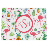 フラミンゴ&熱帯植物&花パターン ラージペーパーバッグ (裏面)