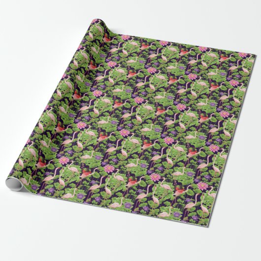 フラミンゴ、熱帯植物、黒い背景。 ラッピングペーパー (アンロールド)