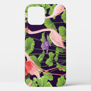 フラミンゴ、熱帯植物、黒い背景。 iPhone 12ケース