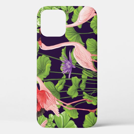 フラミンゴ、熱帯植物、黒い背景。 Case-Mate iPhoneケース (裏面)