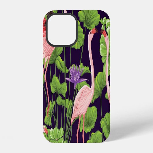 フラミンゴ、熱帯植物、黒い背景。 iPhoneケース (裏面)