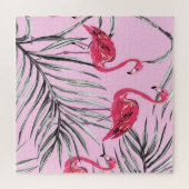 フラミンゴ、熱帯水色のヴィンテージパターン。 ジグソーパズル (横)