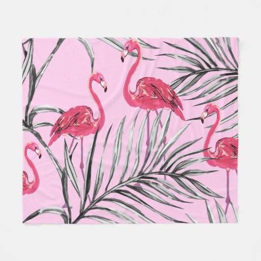 フラミンゴ、熱帯水色のヴィンテージパターン。 フリースブランケット (正面(横))