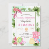 フラミンゴ，熱帯葉誕生日，夏の 招待状 (正面)