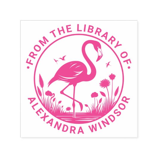 フラミンゴ 立っている 花 Library 本の名前 セルフインキングスタンプ (デザイン)