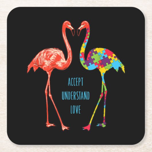 フラミンゴ|自閉症の愛を受け入れるフラミンゴ スクエアペーパーコースター (正面)
