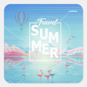 フラミンゴ、魔法旅行熱帯海ビーチトレンディー スクエアシール (正面)