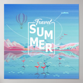 フラミンゴ、魔法旅行、夏の熱帯海ビーチ ポスター