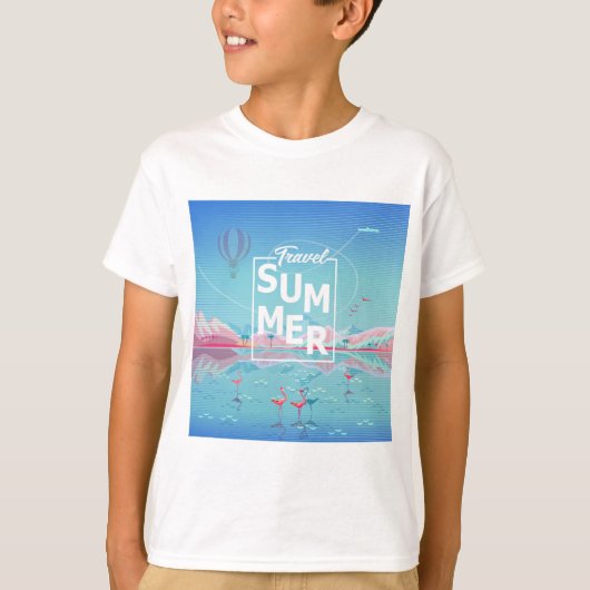 フラミンゴ、魔法旅行、熱帯海のビーチ、トレンディー Tシャツ (正面)