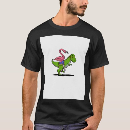 フラミンゴ 鳥 乗馬 ティラノサウルス 恐竜 Tシャツ (正面)