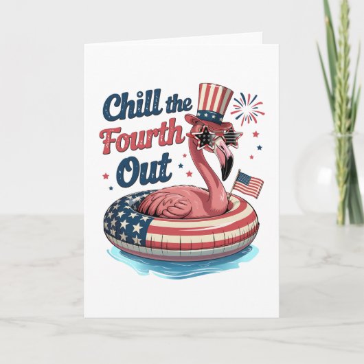 フラミンゴ 4th of July 涼しい夏 アメリカ 国旗 カード (正面)