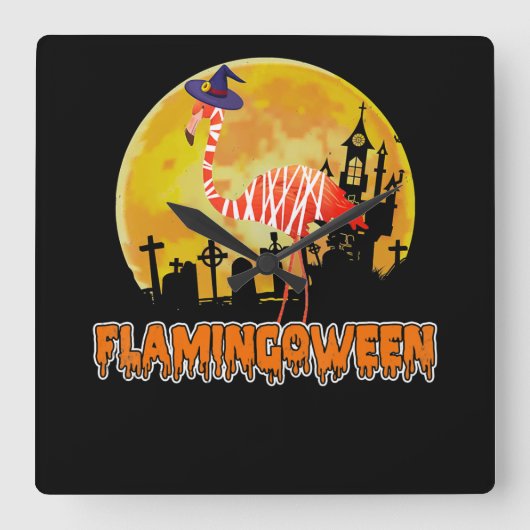 フラミンゴ | Flamingoween おもしろい Witch Halloween スクエア壁時計 (正面)