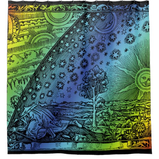 フラムマリオン天国と地球版木、銅版、版画アートワーク シャワーカーテン (正面)