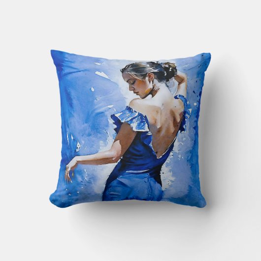 フラメンコエレガントスペインのダンサーレディーインブルー クッション (正面)