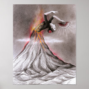フラメンコ踊り女性火山の超現実的な鉛筆アート ポスター
