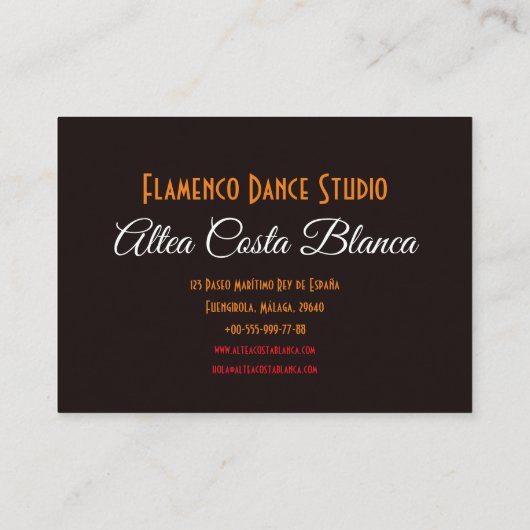 フラメンスペインのコの踊り子で扇を立てている。黒と赤 名刺 (裏面)