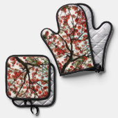 フラメンボ王室のイアントポインシアナツリーレッド白黒 鍋つかみ&鍋敷きセット (正面/裏面)