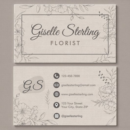 フラリスト フローラル ベージュ リネン フローラル ライン アート 名刺