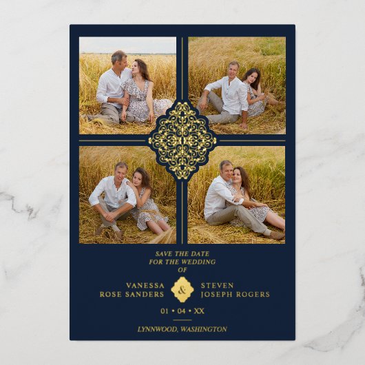 フラリッシュネイビー金ゴールド4枚の写真クラシックFiligree 箔招待状 (正面)