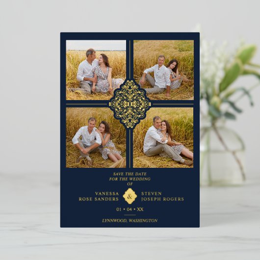 フラリッシュネイビー金ゴールド4枚の写真クラシックFiligree 箔招待状 (立ち正面)