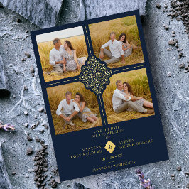 フラリッシュネイビー金ゴールド4枚の写真クラシックFiligree 箔招待状